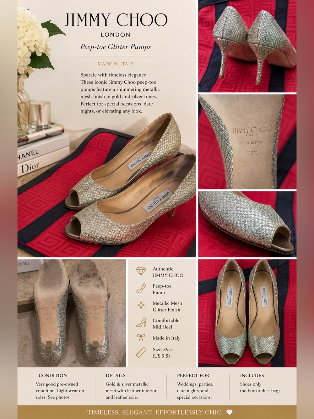 Jimmy Choo Gold and Silver Metallic Mesh Peep-Toe Pumps